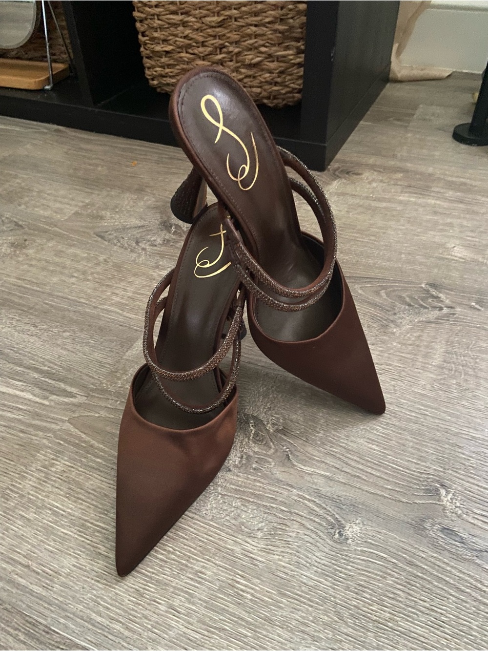 Sam Edelman Brown Satin Rhinestone Heeled Mules — Like New